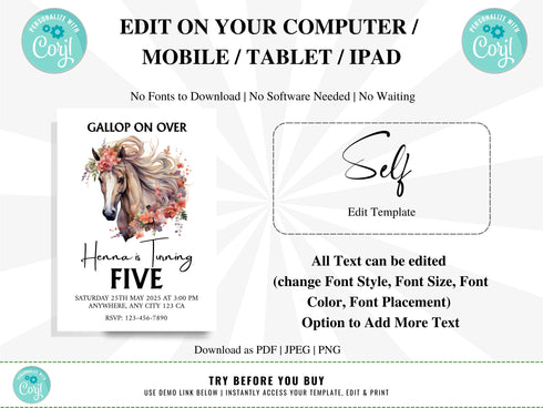 Editable Horse Invitation Template, Floral Horse Birthday Invite, Girly Horse Invite, Floral Farm Birthday Invitation, Instant Download