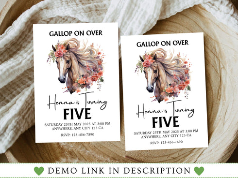 Editable Horse Invitation Template, Floral Horse Birthday Invite, Girly Horse Invite, Floral Farm Birthday Invitation, Instant Download
