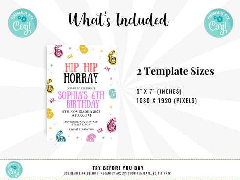 6th Birthday Invitation, Hip Hop Birthday Party Invitation, Hip Hop Hooray, Six Birthday Invite, Birthday Invitation, Kids Editable Invite