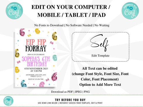 6th Birthday Invitation, Hip Hop Birthday Party Invitation, Hip Hop Hooray, Six Birthday Invite, Birthday Invitation, Kids Editable Invite