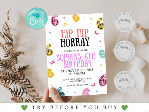 6th Birthday Invitation, Hip Hop Birthday Party Invitation, Hip Hop Hooray, Six Birthday Invite, Birthday Invitation, Kids Editable Invite