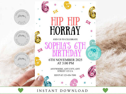 6th Birthday Invitation, Hip Hop Birthday Party Invitation, Hip Hop Hooray, Six Birthday Invite, Birthday Invitation, Kids Editable Invite