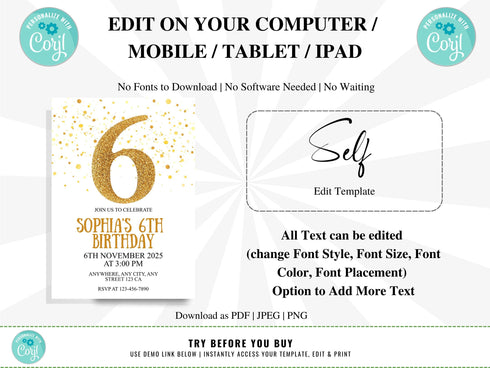 Gold Six Birthday Invitation, Gold Glitter Birthday Party Invitation, Golden Birthday 6th Invitation, Gold Party Invite, Instant Download
