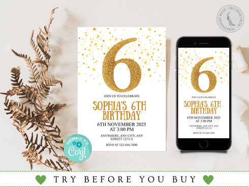 Gold Six Birthday Invitation, Gold Glitter Birthday Party Invitation, Golden Birthday 6th Invitation, Gold Party Invite, Instant Download