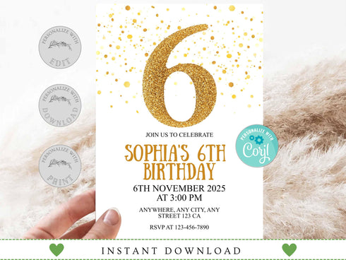 Gold Six Birthday Invitation, Gold Glitter Birthday Party Invitation, Golden Birthday 6th Invitation, Gold Party Invite, Instant Download