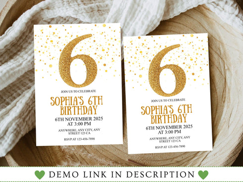Gold Six Birthday Invitation, Gold Glitter Birthday Party Invitation, Golden Birthday 6th Invitation, Gold Party Invite, Instant Download