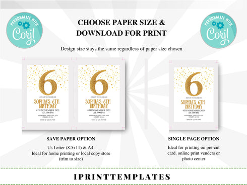 Gold Six Birthday Invitation, Gold Glitter Birthday Party Invitation, Golden Birthday 6th Invitation, Gold Party Invite, Instant Download