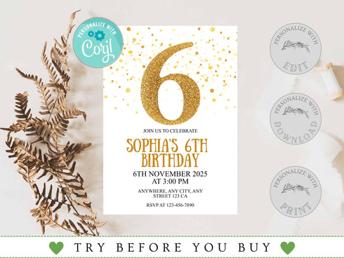 Gold Six Birthday Invitation, Gold Glitter Birthday Party Invitation, Golden Birthday 6th Invitation, Gold Party Invite, Instant Download