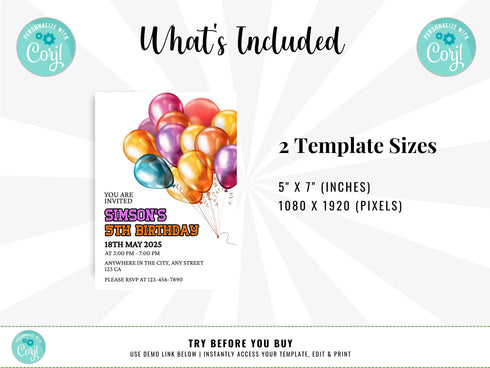 Balloon Birthday Invitation, Kids Birthday Invitation, Editable and Printable Fifth Birthday Invitation, Balloons Birthday Invite, Corjl