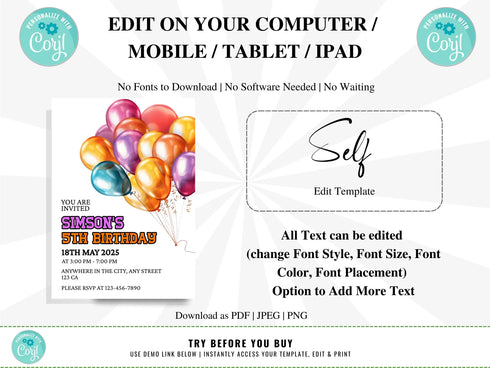 Balloon Birthday Invitation, Kids Birthday Invitation, Editable and Printable Fifth Birthday Invitation, Balloons Birthday Invite, Corjl
