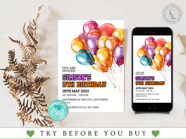 Balloon Birthday Invitation, Kids Birthday Invitation, Editable and Printable Fifth Birthday Invitation, Balloons Birthday Invite, Corjl