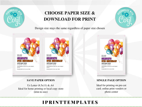 Balloon Birthday Invitation, Kids Birthday Invitation, Editable and Printable Fifth Birthday Invitation, Balloons Birthday Invite, Corjl