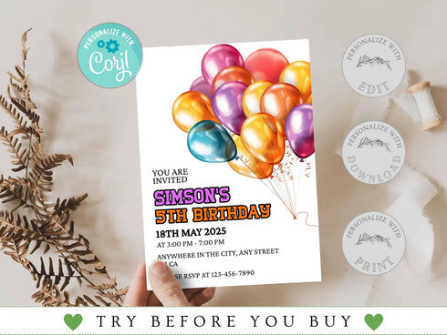 Balloon Birthday Invitation, Kids Birthday Invitation, Editable and Printable Fifth Birthday Invitation, Balloons Birthday Invite, Corjl