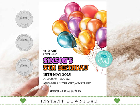 Balloon Birthday Invitation, Kids Birthday Invitation, Editable and Printable Fifth Birthday Invitation, Balloons Birthday Invite, Corjl