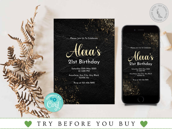 Adult Birthday Party Invitation, Black and Gold Birthday Invitation, Editable 21 Birthday Invite, Any Age Adult Birthday Invitation