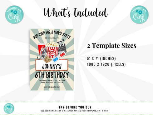 Editable Movie Birthday Invitation, Girl Movie Birthday Invitation, Pop on Over Birthday Invitation, Cinema Birthday, Movie Party Theme