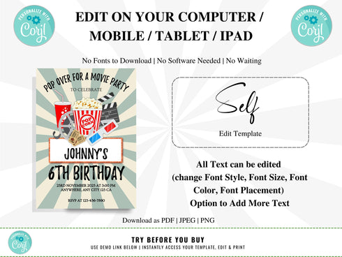 Editable Movie Birthday Invitation, Girl Movie Birthday Invitation, Pop on Over Birthday Invitation, Cinema Birthday, Movie Party Theme