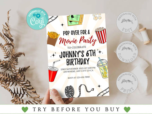 Movie Birthday Invitation, Cinema Birthday Invites, Movie Ticket Invitation, Movie Theater Birthday Party Invite, Popcorn Party