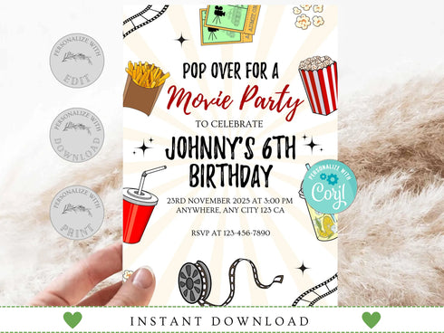 Movie Birthday Invitation, Cinema Birthday Invites, Movie Ticket Invitation, Movie Theater Birthday Party Invite, Popcorn Party