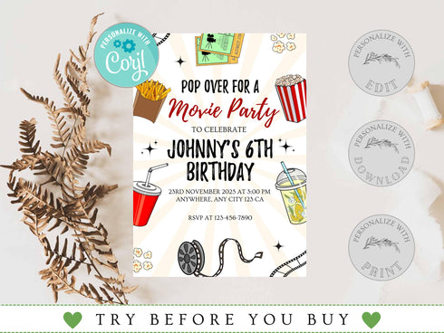 Movie Birthday Invitation, Cinema Birthday Invites, Movie Ticket Invitation, Movie Theater Birthday Party Invite, Popcorn Party