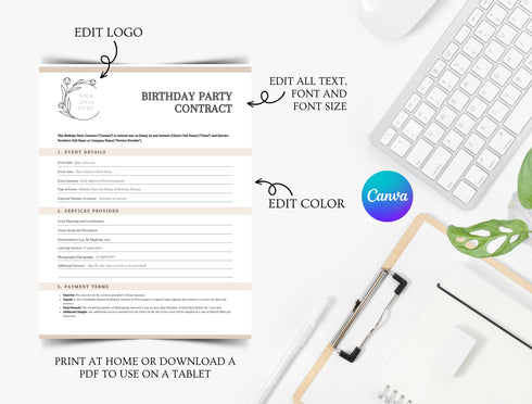 Birthday Party Contract Template | Event Planning Agreement PDF | Editable Party Services Legal Document | Printable Planner Contract