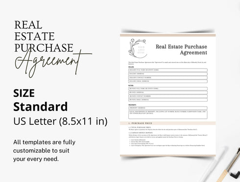 Real Estate Purchase Agreement Template | Editable Property Sale Contract PDF | Home Buying Legal Document | Printable Real Estate Contract