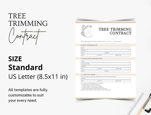 Tree Trimming Contract Template | Landscaping Service Agreement PDF | Editable Tree Service Legal Document | Printable Contractor Contract