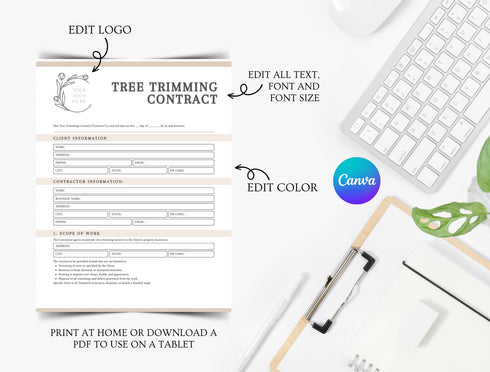 Tree Trimming Contract Template | Landscaping Service Agreement PDF | Editable Tree Service Legal Document | Printable Contractor Contract