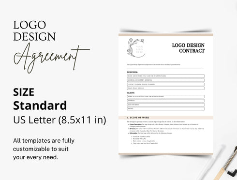 Logo Design Contract Template | Graphic Design Agreement PDF | Editable Freelance Designer Legal Document | Printable Design Contract