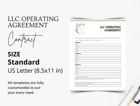 LLC Operating Agreement Template | Editable Company Ownership Contract PDF | Business Management Legal Document | Printable LLC Agreement