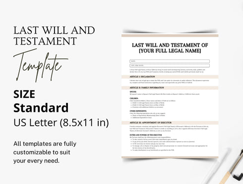 Last Will and Testament Template | Editable Legal Will Document PDF | Printable Estate Planning Form | Personal Will Template