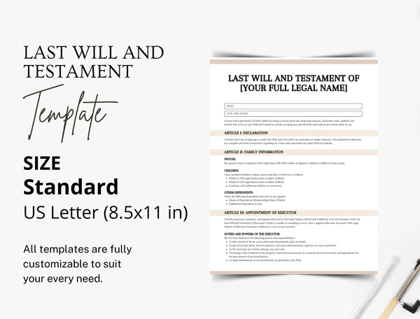 Last Will and Testament Template | Editable Legal Will Document PDF | Printable Estate Planning Form | Personal Will Template