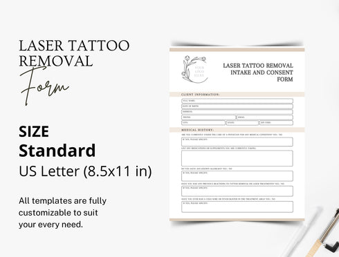 Laser Tattoo Removal Consent Form | Editable Intake Agreement PDF | Medical Spa Client Consent Document | Tattoo Removal Legal Form