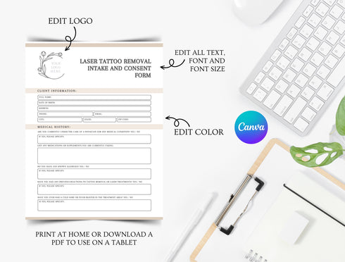 Laser Tattoo Removal Consent Form | Editable Intake Agreement PDF | Medical Spa Client Consent Document | Tattoo Removal Legal Form