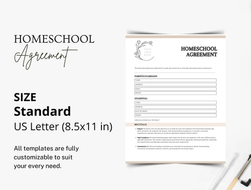 Homeschool Agreement Template | Editable Parent Teacher Education Contract PDF | Printable Learning Agreement Document | Homeschool Plan