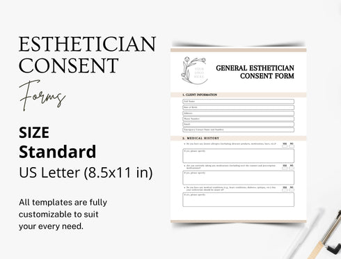 Esthetician Consent Form Template | Spa Client Agreement PDF | Editable Treatment Consent Document | Printable Esthetician Form