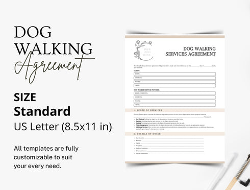 Dog Walking Contract Template | Editable Dog Walker Agreement PDF | Pet Care Service Legal Document | Printable Dog Walking Contract