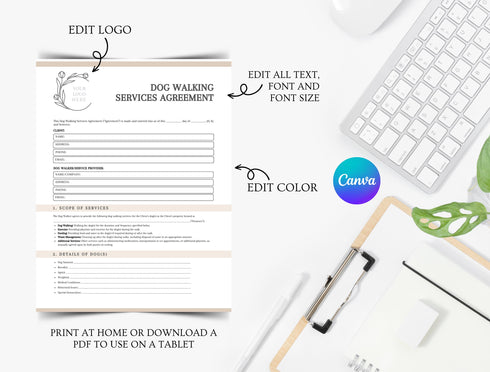 Dog Walking Contract Template | Editable Dog Walker Agreement PDF | Pet Care Service Legal Document | Printable Dog Walking Contract