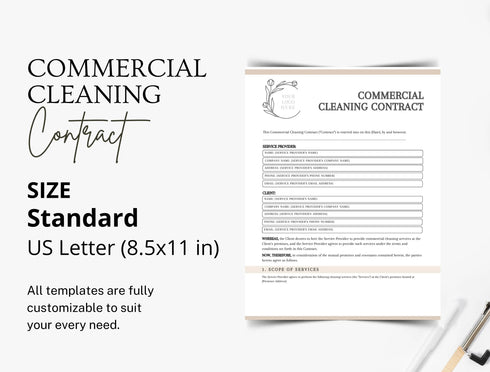 Commercial Cleaning Contract Template | Janitorial Service Agreement PDF | Editable Business Cleaning Legal Document | Printable Contract