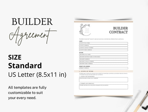 Builder Contract Template | Editable Construction Agreement PDF | Printable Home Build Legal Document | Contractor Service Contract