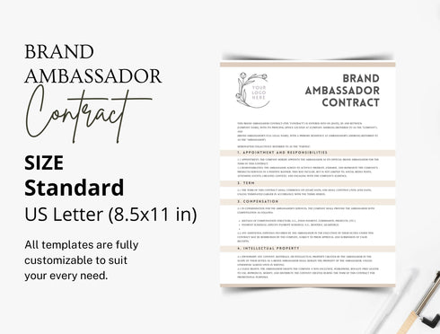 Brand Ambassador Contract Template | Marketing Agreement PDF | Editable Influencer Legal Document | Printable Brand Ambassador Contract