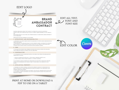 Brand Ambassador Contract Template | Marketing Agreement PDF | Editable Influencer Legal Document | Printable Brand Ambassador Contract
