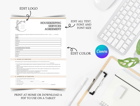 Housekeeping Services Agreement Template | Residential Cleaning Contract PDF | Editable Service Legal Document | Printable Housekeeping Agreement