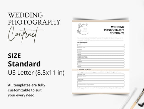 Wedding Photography Contract Template | Editable Photographer Agreement PDF | Client Booking Legal Form | Wedding Vendor Business Document