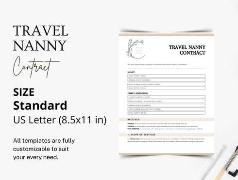 Travel Nanny Contract Template | Editable Childcare Agreement PDF | Family Nanny Legal Contract | Printable Business Form