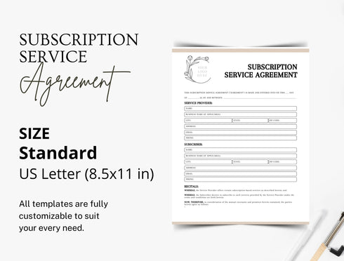 Subscription Service Agreement Template | Editable SaaS Recurring Payment Contract PDF | Business Legal Document | Printable Agreement Form