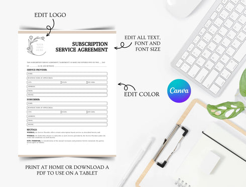 Subscription Service Agreement Template | Editable SaaS Recurring Payment Contract PDF | Business Legal Document | Printable Agreement Form