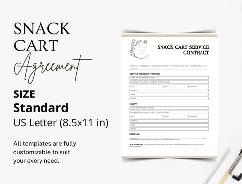Snack Cart Service Contract Template | Editable Food Vendor Agreement PDF | Event Catering Legal Document | Printable Service Form