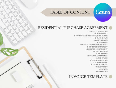 Residential Purchase Agreement Template | Editable Home Buying Real Estate Contract PDF | Buyer Seller Legal Document | Printable Form