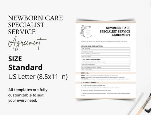 Newborn Care Specialist Service Agreement Template | Editable Infant Care Contract PDF | Nanny Legal Document | Printable Childcare Form